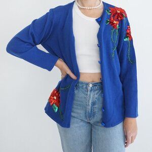Vintage Quacker Factory Blue Knit Red Sequin Floral Button Cardigan Sweater M